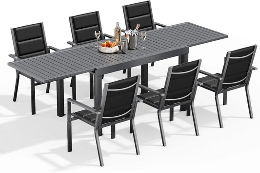 Set da Giardino in Alluminio per 6 Persone, Tavolo Allungabile 130-260CM e Sedie Impilabili, Grigio Scuro