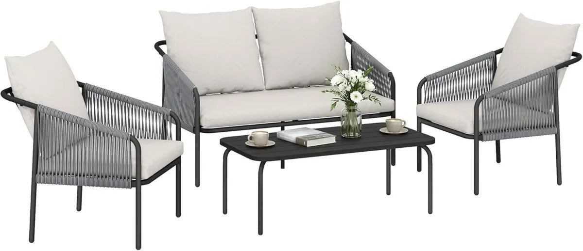 Set Divani da Giardino in Rattan 4 Pezzi con Tavolino e Cuscini, Struttura in Acciaio, Colore Cachi Grigio Chiaro