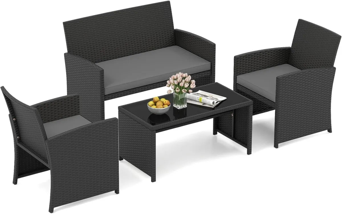 Set da Giardino in Rattan 4 Pezzi con Tavolino in Vetro