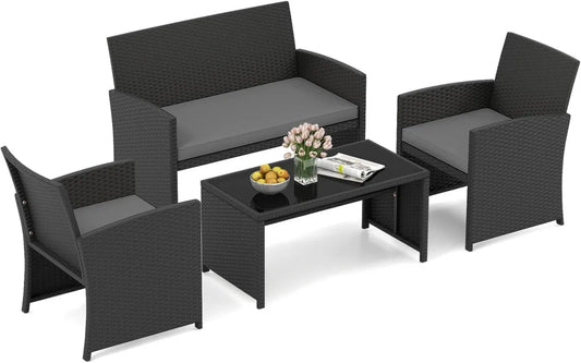 Set da Giardino in Rattan 4 Pezzi con Tavolino in Vetro