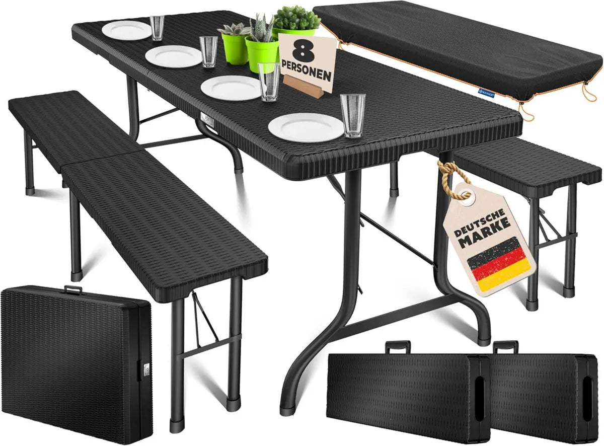 Set da birra KESSER® in rattan sintetico, pieghevole per Interni ed Esterni, 3 pezzi: Tavolo e 2 Panche, 73x180x75 cm, Nero