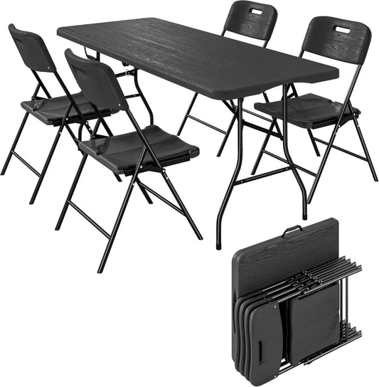 Set da Giardino Pieghevole con 4 Sedie, Tavolo e Sedie Portatili in HDPE, Ideale per Picnic e Campeggio, Nero