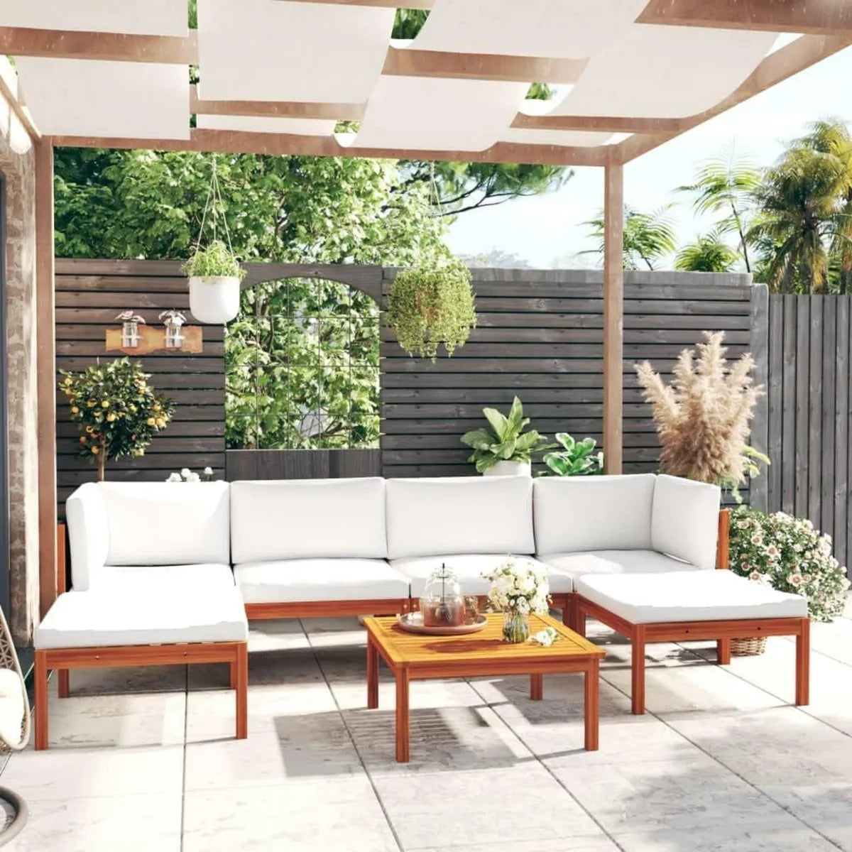 Set di mobili da giardino in legno massello, design modulare, cuscini inclusi