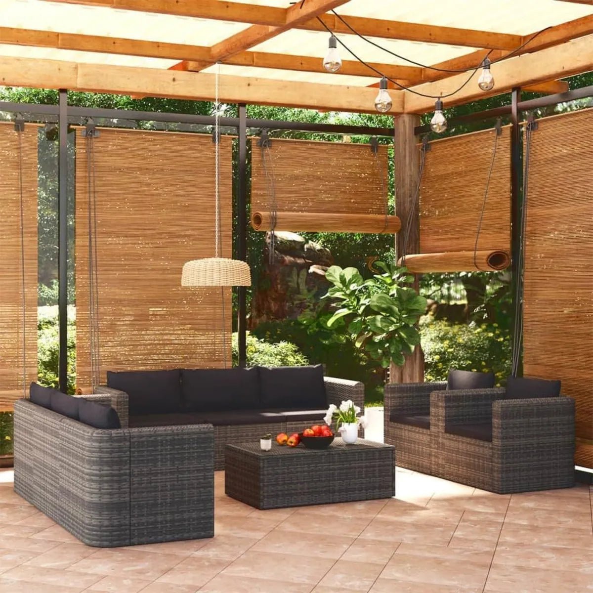 Set Salotto da Giardino 9 Pezzi in Polyrattan Grigio, Resistente e Facile da Pulire