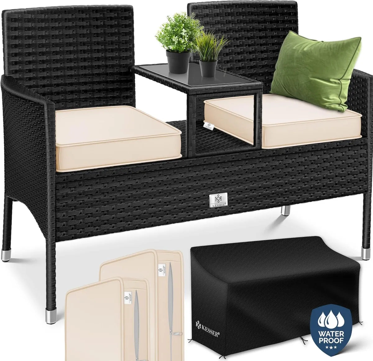 Divanetto in Polyrattan a 2 Posti con Tavolino Integrato, 143x63x88 cm, Resistente alle Intemperie per Giardino e Balcone
