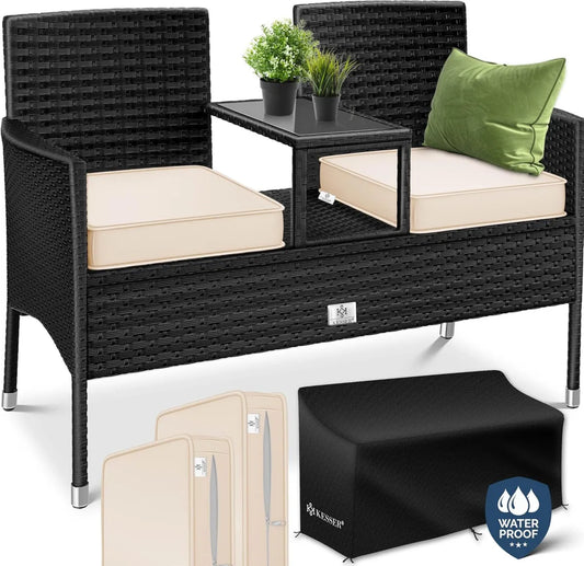 Divanetto in Polyrattan a 2 Posti con Tavolino Integrato, 143x63x88 cm, Resistente alle Intemperie per Giardino e Balcone