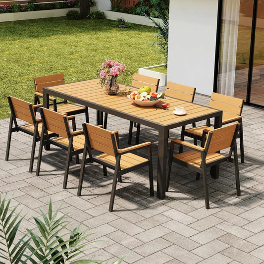 Set da Giardino 9 Pezzi in Alluminio Resistente alle Intemperie con Tavolo e Sedie Effetto Legno di Devoko