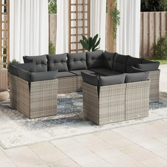 Set salotto da esterno in polyrattan grigio con cuscini e vano portaoggetti, resistente agli agenti atmosferici per terrazze e balconi