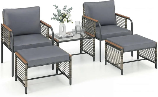 Set Arredo Giardino in Rattan da 5 Pezzi con Tavolo e Cuscini, Resistente alle Intemperie, per Terrazza e Balcone, Colore Grigio