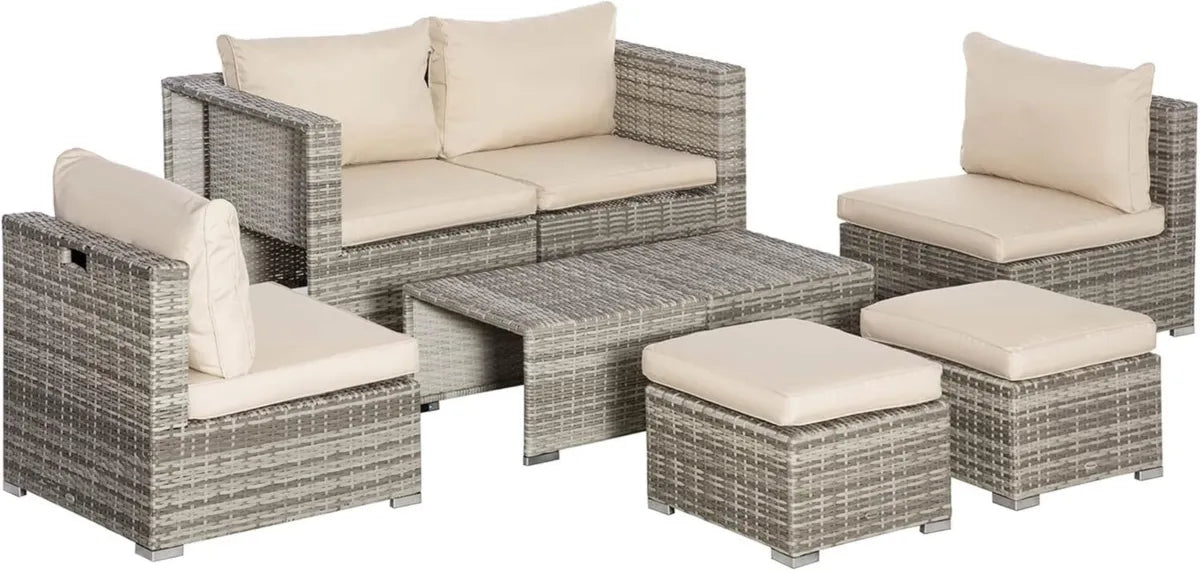 Set da Giardino 8 Pezzi in Rattan, Salotto Esterno con Poltrone, Tavolini e Sgabelli, Beige
