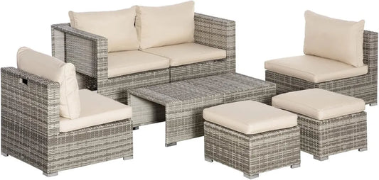Set da Giardino 8 Pezzi in Rattan, Salotto Esterno con Poltrone, Tavolini e Sgabelli, Beige
