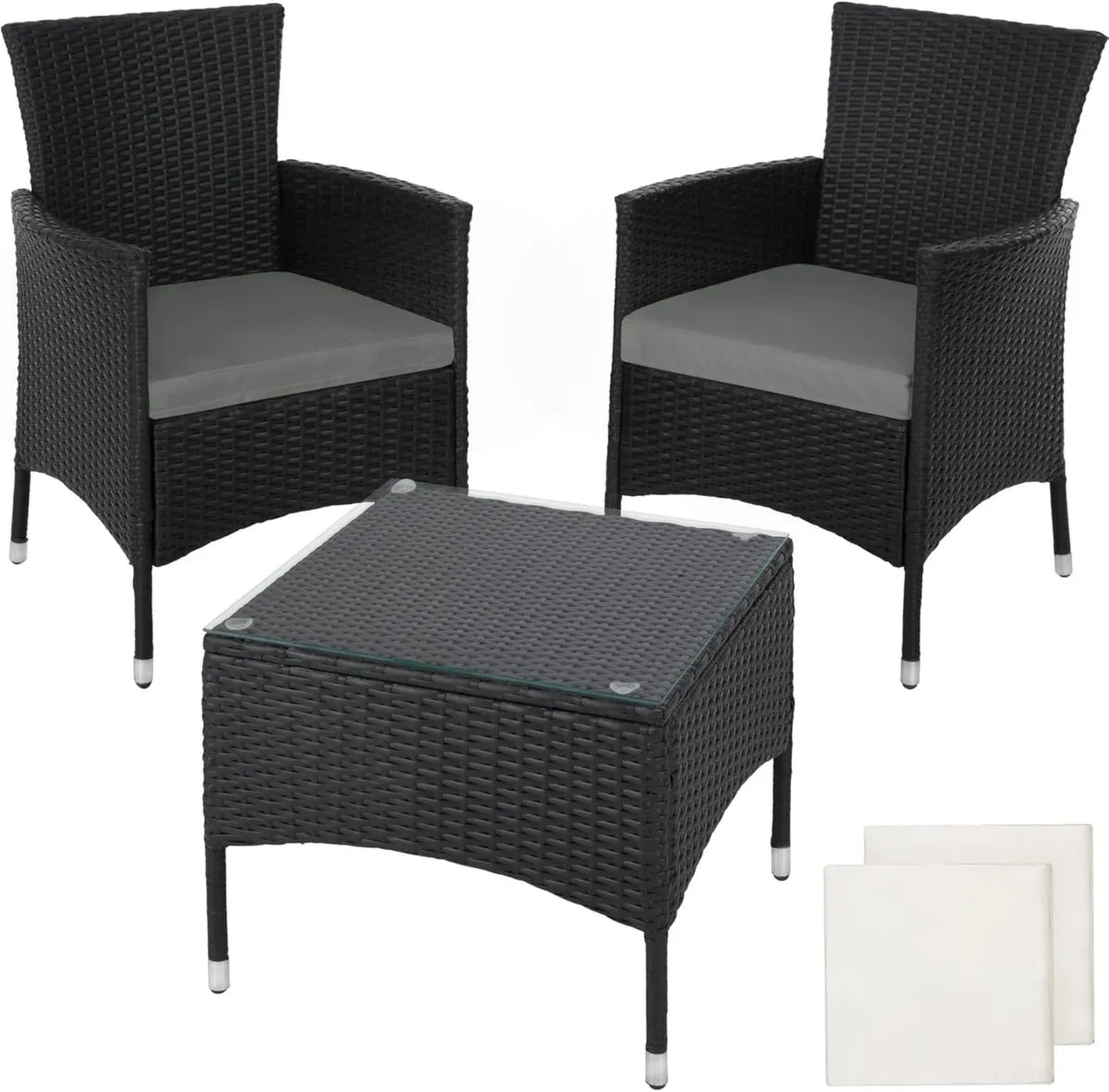 Set arredo giardino in rattan con struttura robusta, tavolino in vetro e cuscini comodi - Nero