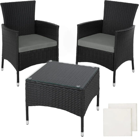 Set arredo giardino in rattan con struttura robusta, tavolino in vetro e cuscini comodi - Nero
