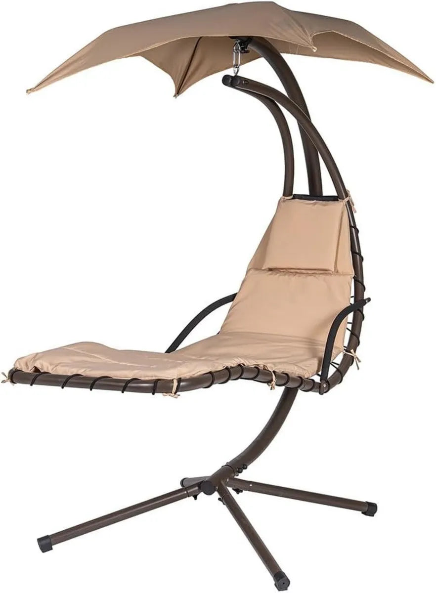 BAKAJI Sedia a Dondolo Amaca da Giardino con Tettuccio Parasole e Cuscino, Lettino Sospeso Relax in Acciaio Verniciato, Design Moderno (Beige)