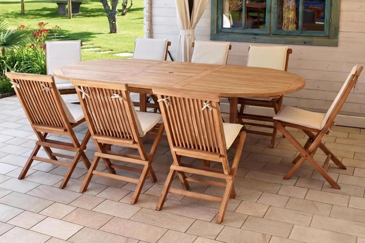 Set Tavolo da Giardino Estensibile in Teak con 8 Sedie, Ideale per Terrazzi