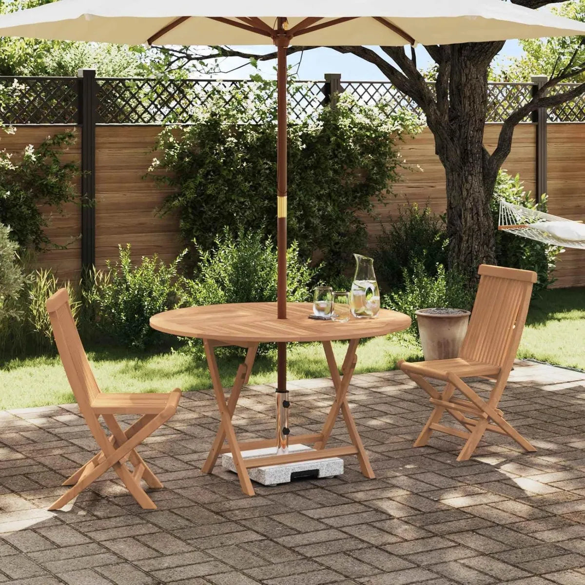 Set da pranzo giardino in legno di teak con tavolo pieghevole e sedie, foro ombrellone incluso, ideale per patio e terrazza, 3 pezzi