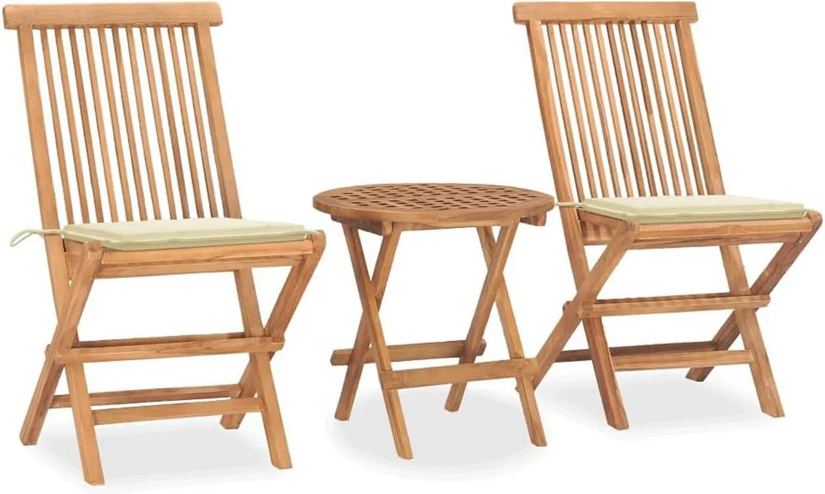 Set arredo giardino 3 pezzi pieghevole in teak massello con cuscini