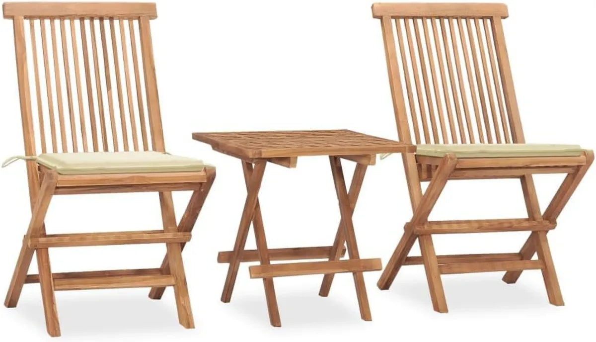Set mobili da giardino 3 pezzi in teak massello con cuscini, pieghevole
