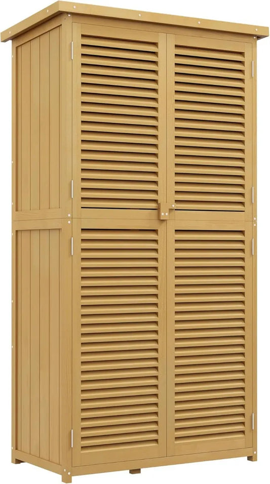 Capanno in Legno per Attrezzi da Giardino con Tetto Resistenti alle Intemperie, 4 Scompartimenti, 87x46.5x160cm, Colore Giallo
