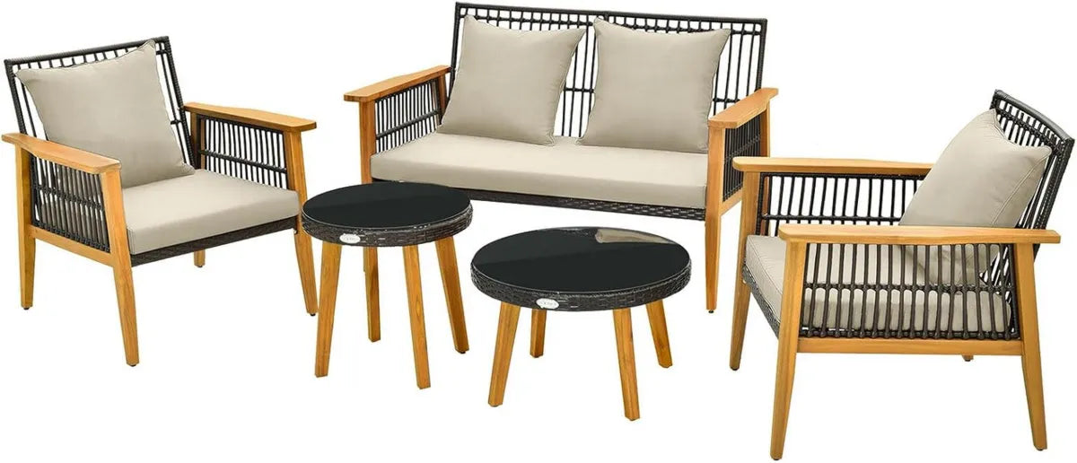 Set Arredo da Giardino in Rattan PE con Divano e Poltrone, Tavolini e Cuscini, Struttura in Metallo e Legno di Acacia