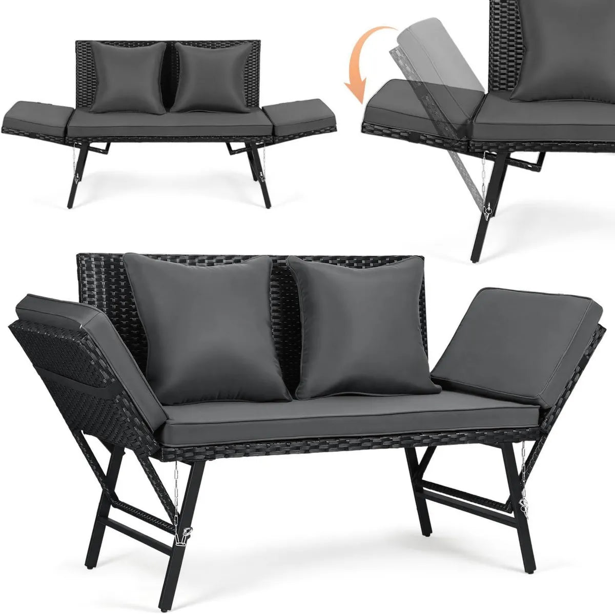 Divano da Giardino 2 in 1 in Polyrattan con Sdraio e Braccioli Pieghevoli