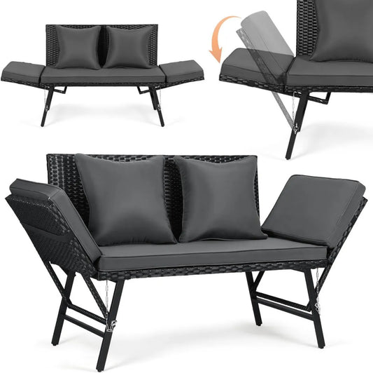Divano da Giardino 2 in 1 in Polyrattan con Sdraio e Braccioli Pieghevoli