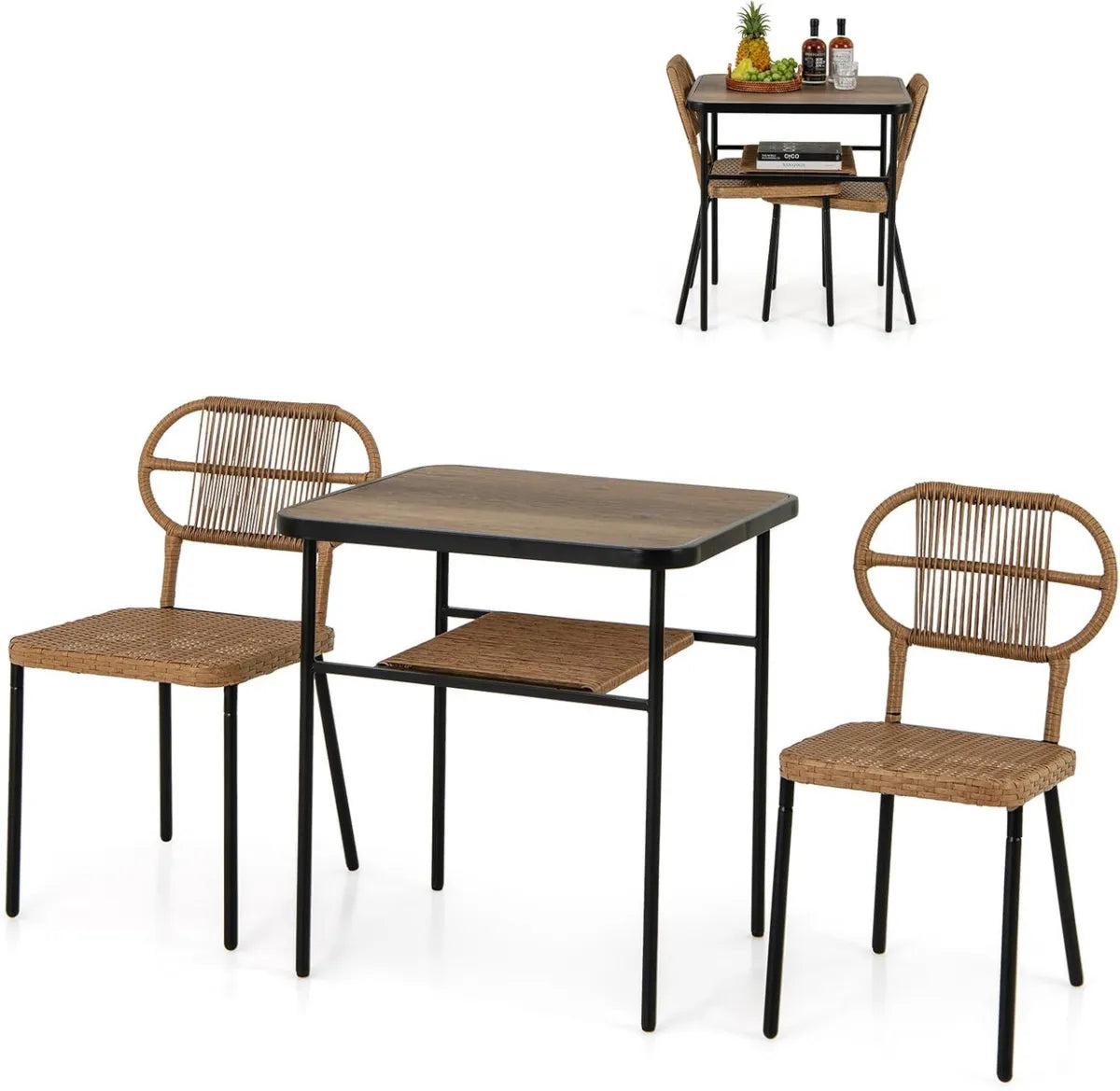 Set di Mobili da Giardino in Polyrattan 3 Pezzi con Tavolino e Sedie