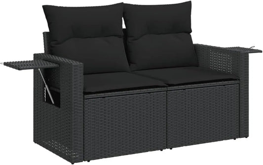 Divano da Giardino in Polyrattan Nero a 2 Posti con Cuscini