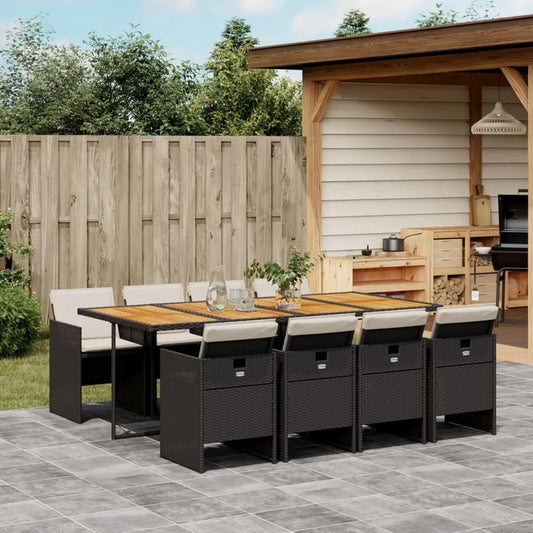 Set da Pranzo da Giardino 9 Pezzi in Polyrattan Nero con Cuscini