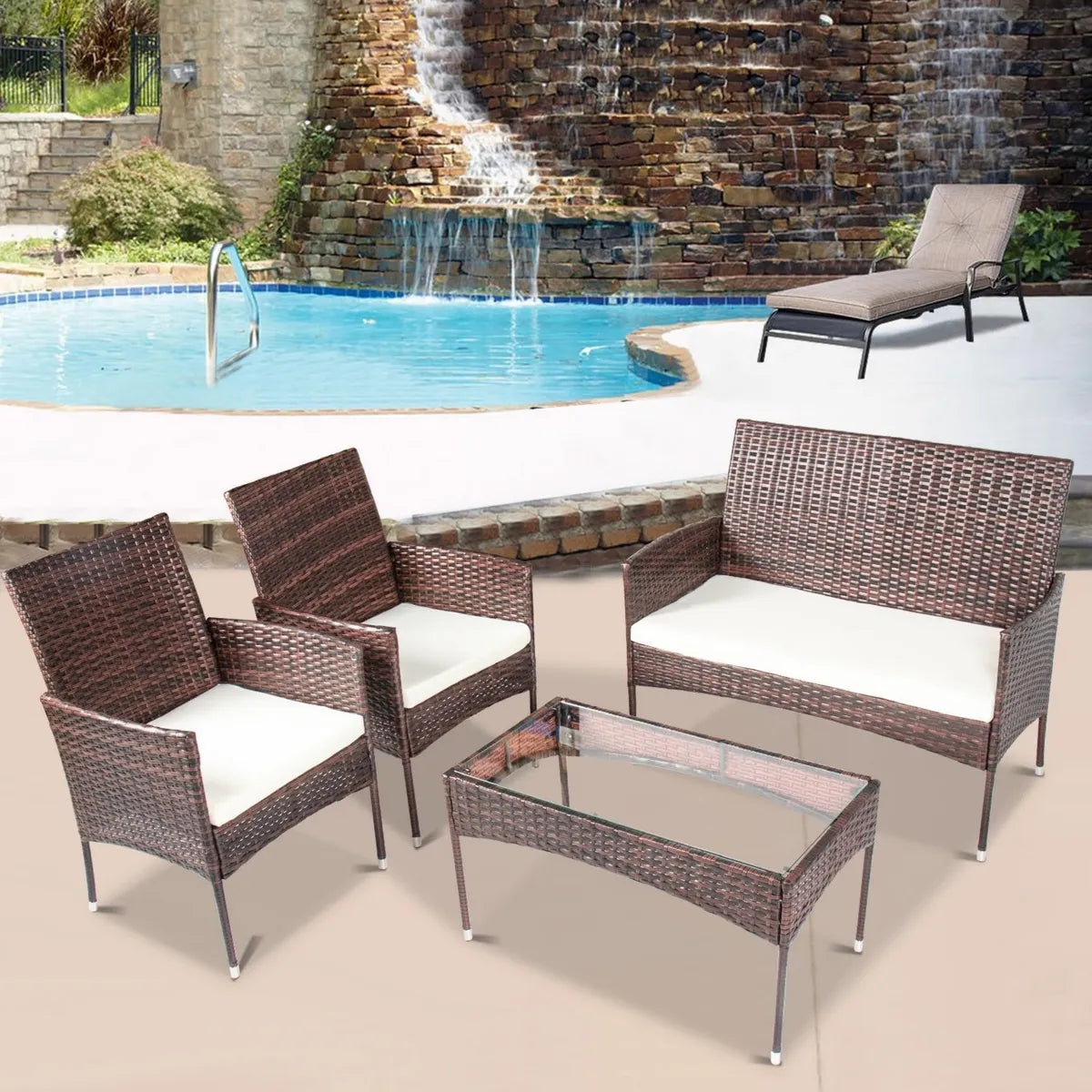 Set Arredo Giardino in Rattan con Divano, Poltrone e Tavolino