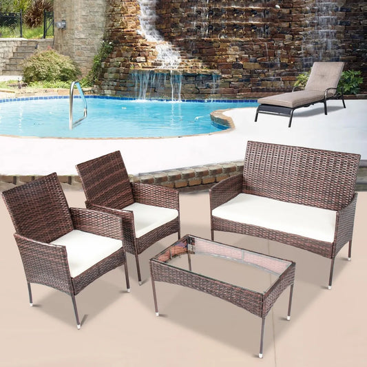 Set Arredo Giardino in Rattan con Divano, Poltrone e Tavolino