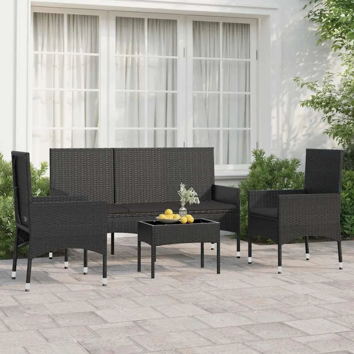 Set da Giardino in Rattan Sintetico, 4 Pezzi con Cuscini, Nero