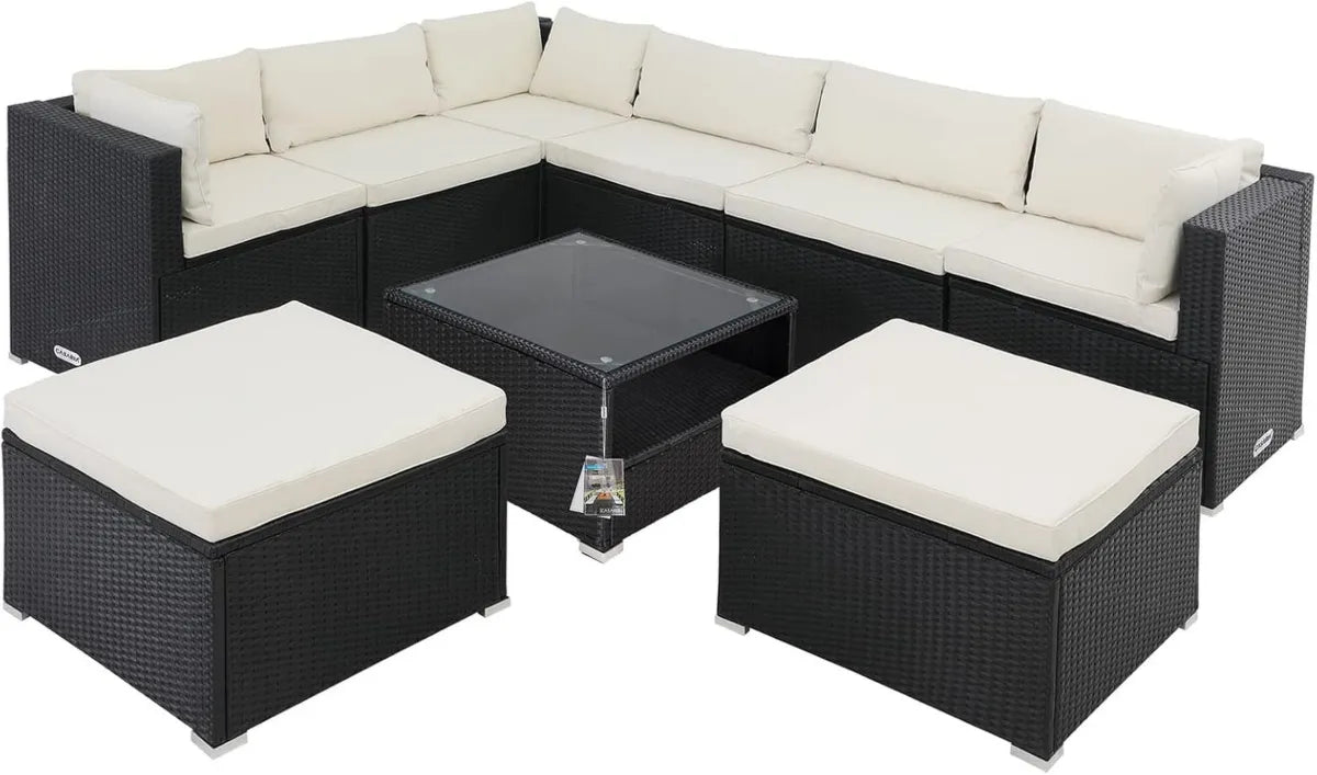 Set Salotto in Polyrattan XL con Cuscini Imbottiti e Tavolo in Vetro per Mobili da Giardino