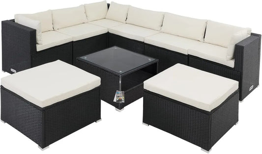 Set Salotto in Polyrattan XL con Cuscini Imbottiti e Tavolo in Vetro per Mobili da Giardino