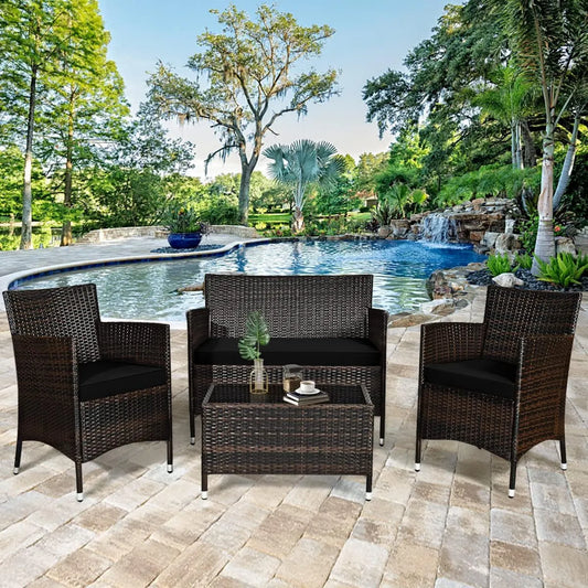 Set Salotto da Giardino in Rattan per 4 Persone con Tavolo in Vetro e Cuscini