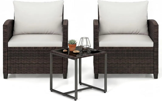 Set Arredamento da Giardino 3 Pezzi per Esterni, 2 Poltrone con Cuscini e Tavolino in Vetro, Ideale per Balcone e Terrazza, Colore Marrone e Beige