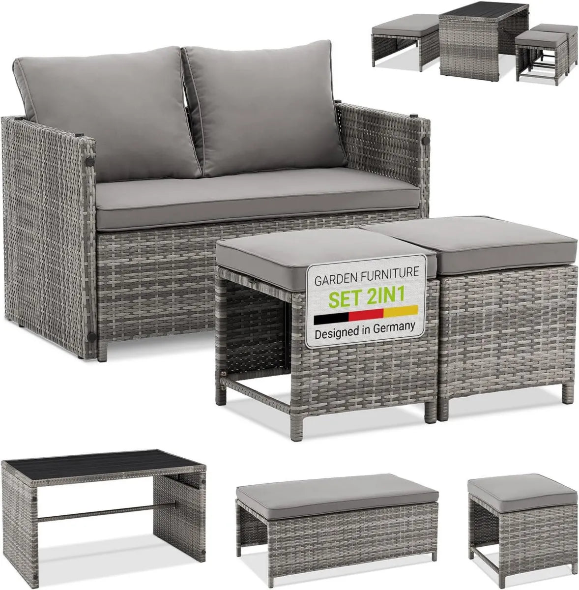 Set mobili da giardino in polyrattan Jamaika: Tavolo e Divano Relax grigio per esterno