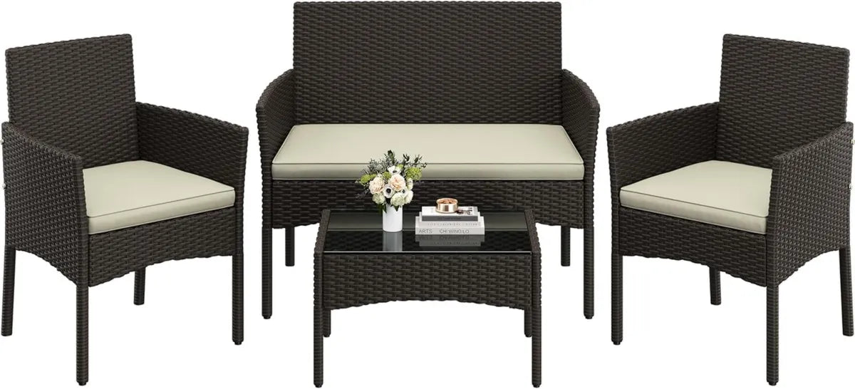 Set Mobili da Giardino in Polyrattan 4 Pezzi con Divano, Poltrone e Tavolo