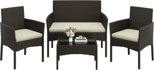 Set Mobili da Giardino in Polyrattan 4 Pezzi con Divano, Poltrone e Tavolo