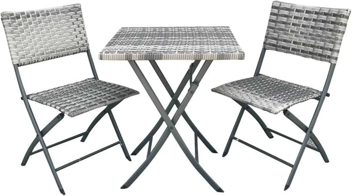 Set Tavolo e Sedie Pieghevoli da Giardino in Acciaio e Polyrattan Grigio 60x60 cm