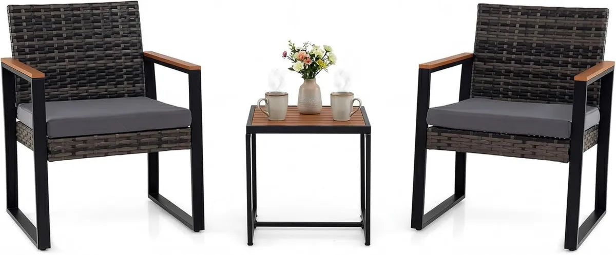 Set di Mobili da Giardino in Rattan 3 Pezzi con Tavolino e Poltrone Comode