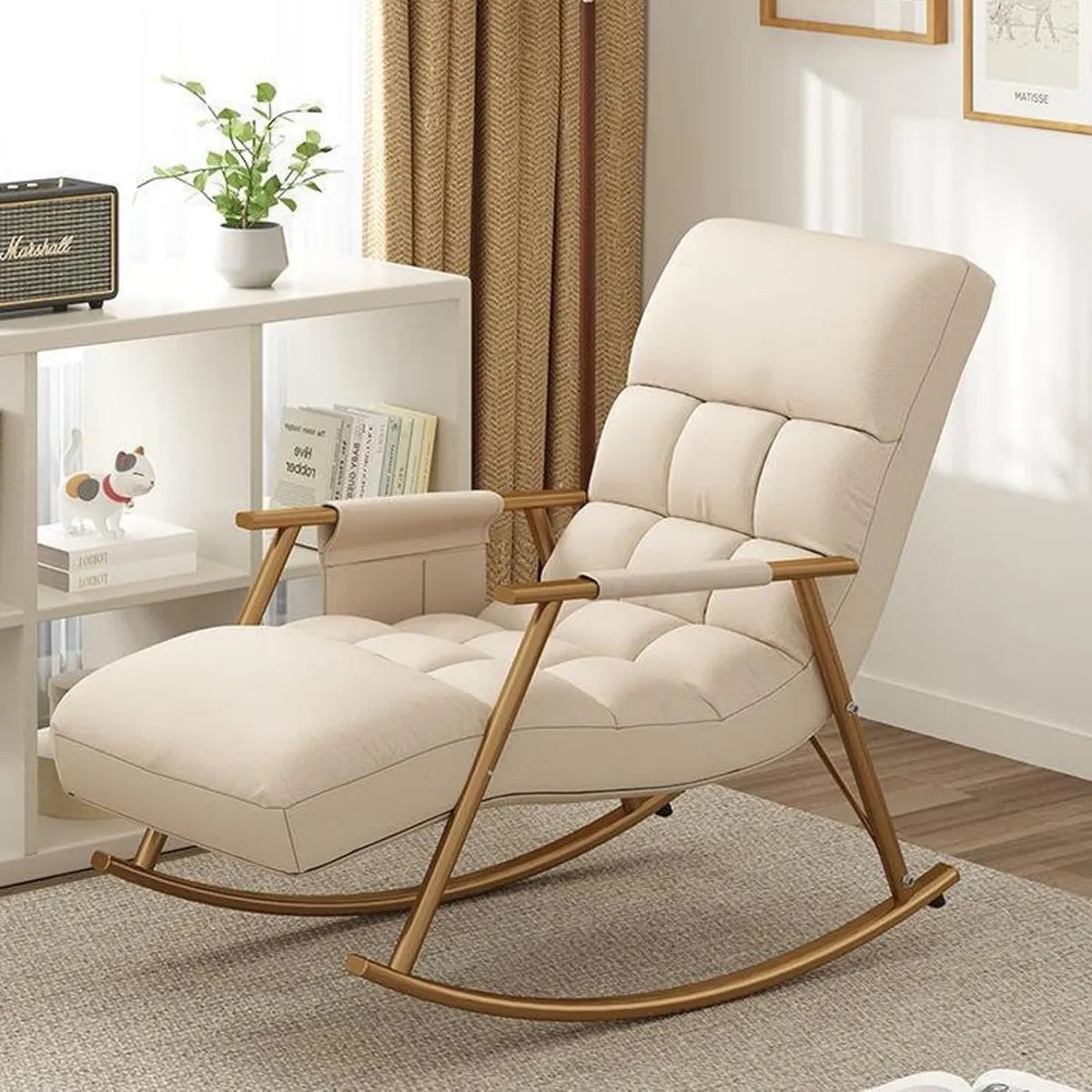 Poltrona Ergonomica in Tessuto Imbottito, Sedia a Dondolo da Interno, per Soggiorno e Camera da Letto, Portata Fino a 150 kg, Comoda per Terrazza
