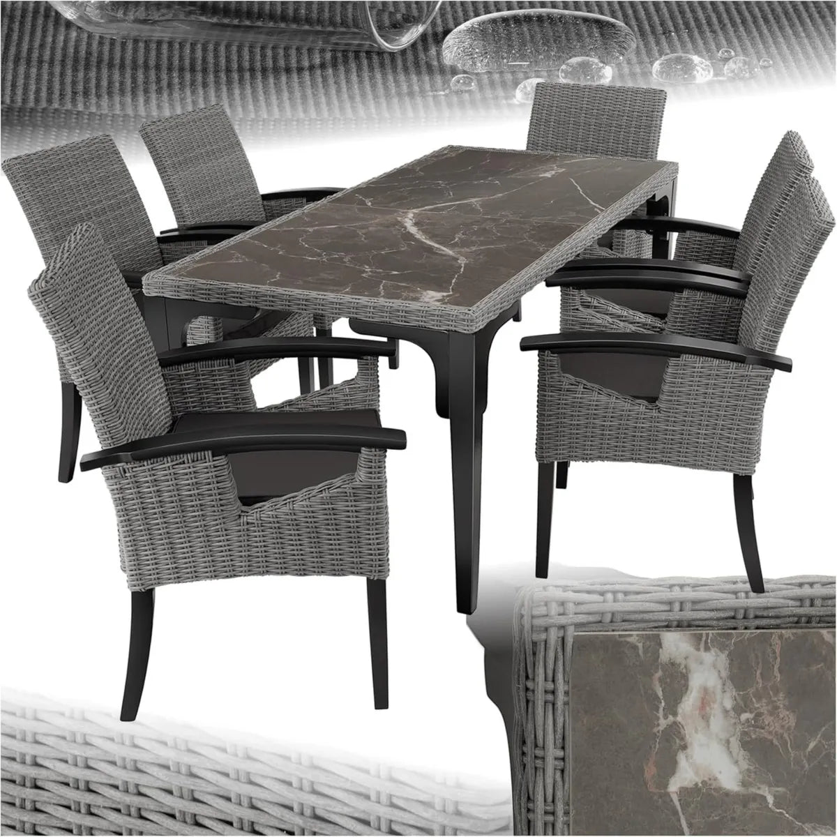 Set Tavolo in Rattan con 6 Sedie, Imbottiture Confortevoli, Resistente alle Intemperie - Grigio