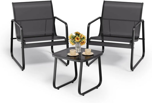 Set 3 Poltrone da Giardino in Metallo e Textilene con Tavolino Nero, Arredo Esterno Moderno per Patio e Terrazzo