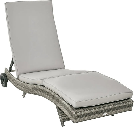 Lettino da Giardino in Rattan con Schienale Regolabile e Cuscino, 207x70x70cm, Grigio