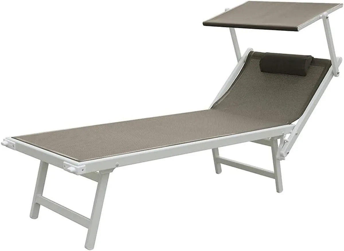 Lettino da Spiaggia in Alluminio con Tettuccio Regolabile, Textilene Resistente per Giardino e Piscina (Tortora/Bianco)