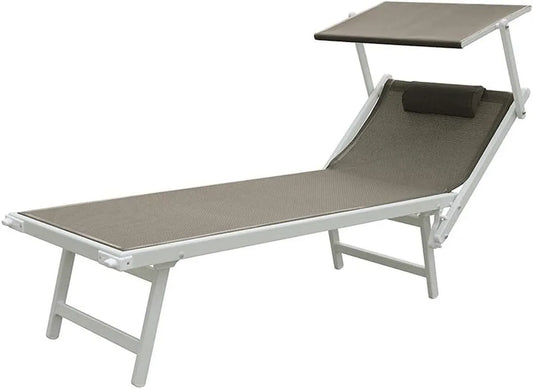 Lettino da Spiaggia in Alluminio con Tettuccio Regolabile, Textilene Resistente per Giardino e Piscina (Tortora/Bianco)