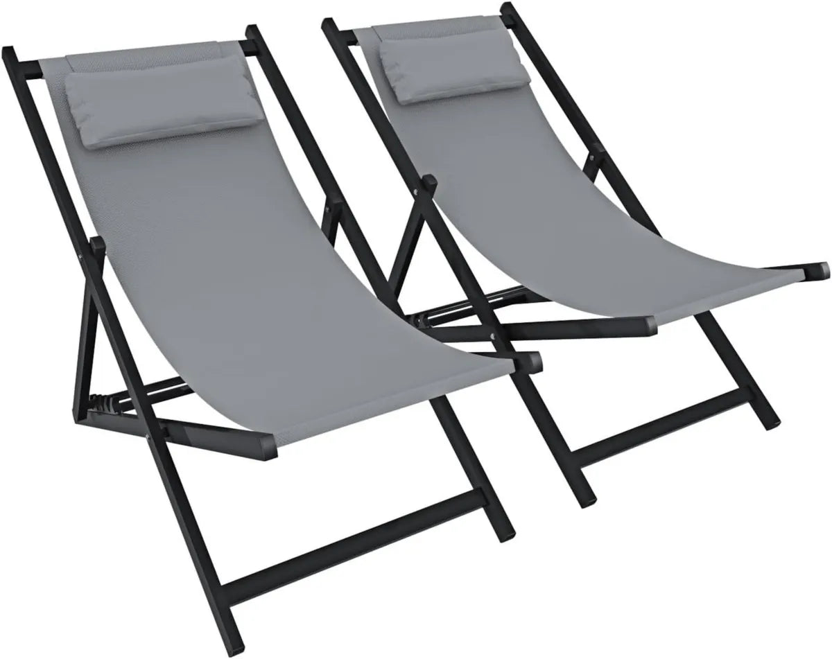 Set di 2 Sedie Sdraio Pieghevoli Ergonomiche con Schienale Regolabile e Cuscino Traspirante, Struttura in Alluminio Nero per Giardino ed Esterno, Portata 160 Kg, Grigio