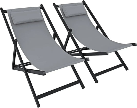Set di 2 Sedie Sdraio Pieghevoli Ergonomiche con Schienale Regolabile e Cuscino Traspirante, Struttura in Alluminio Nero per Giardino ed Esterno, Portata 160 Kg, Grigio