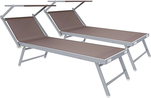 Set di 2 Lettini Sdraio in Alluminio con Tettuccio Regolabile per Giardino e Spiaggia, 182x60x38 cm, Colore Tortora